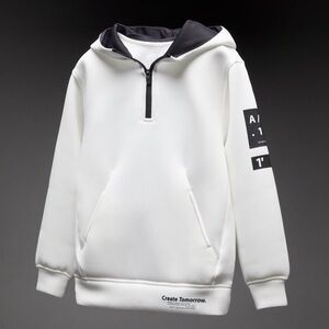 Zara Boys White Hooded Tech Wear Sweatshirt With Half Zip Size 10 Polyester
